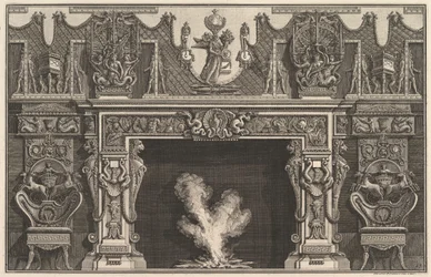 Vogel in einer Muschel in der Mitte des Sturzes, mit einem Fries von Trophäen, überragt von einem..., 1769