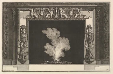 Kaminstück: Konfrontierte Greifen auf dem Sturz und Kandelaber auf den Pfosten, ca. 1769