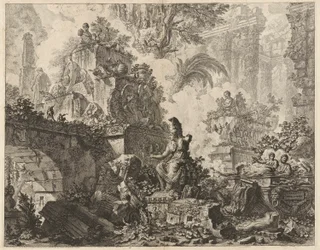 Frontispiz, Fantasie von Ruinen mit einer Statue der Minerva im Vordergrund, aus Vedute di Roma (Ansichten von Rom)