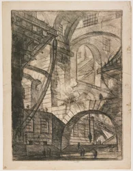 Perspektive von Bögen, mit einem rauchenden Feuer, Platte 6 aus Carceri d