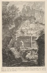 Tafel 6: Ruinen eines antiken Grabes vor Ruinen eines antiken Aquädukts, über dem Bogen, 1743