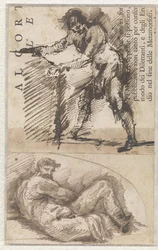 Studie nach einer stehenden männlichen Figur, die einen Sockel vermisst (a). Studie nach Michelangelos Der Tag (b)