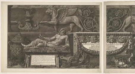 Titelblatt mit Skulpturen, geschnitzten Reliefs und einem Sarkophag mit Titel Vasen, Kandelaber, Grabsteine, Sarkophage, Dreifüße, Lampen und Ornamente entworfen und graviert von Giovanni Battista Piranesi (Serientitel) Vasi, candelabri, cippi, sarcofagi