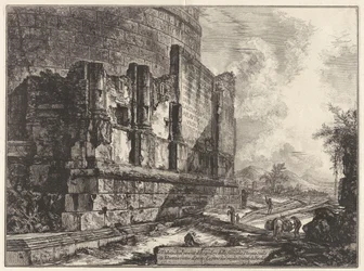 Ansicht der Überreste des Grabmals der Familie Plautia an der Via Tiburtina nahe der Ponte Lucano, zwei Meilen von Tivoli entfernt, aus Vedute di