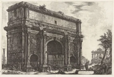 Ansicht des Septimius-Severus-Bogens (mit dem Saturntempel im Hintergrund), aus „Ansichten von Rom“