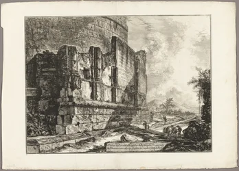 Ansicht der Überreste des Grabmals der Plautii an der Via Tiburtina, in der Nähe der Ponte Lugano, zwei Meilen von Tivoli entfernt, aus Ansichten von Rom