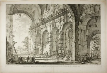 Ansicht des oberen Stockwerks der Käfige für wilde Tiere, gebaut von Kaiser Domitian, verbunden mit dem Flavischen Amphitheater und allgemein Curia Hostilia genannt, aus Ansichten von Rom