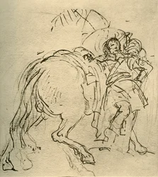Ein Reiter, der sich auf sein Pferd lehnt