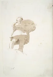 Männliche Figur, die ein Tablett trägt, von unten gesehen