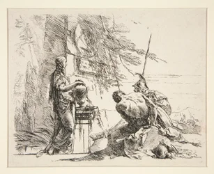 Stehende Frau und sitzender Mann vor einem Obelisken, aus der Serie Vari Capricci