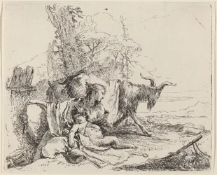 Frau, Satyrkind und Ziege in einer Landschaft