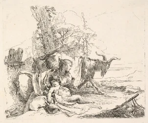 Frau und Säuglingssatyr in einer Landschaft, die Frau dreht sich um, um über ihre linke Schulter zu schauen, ca. 1740-42