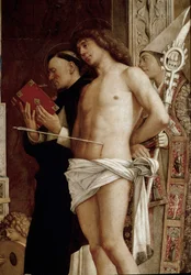 Altarbild des Heiligen Job: Jungfrau und Kind mit sechs Heiligen und musizierenden Engeln (Detail)