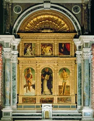 Verkündigung und Pieta, Heiliger Christophorus, Heiliger Dominikus und Heiliger Sebastian, Predella: Wunder des Heiligen Vincenzo Ferreri