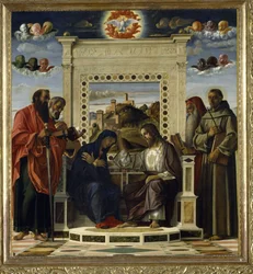 Krönung der Jungfrau mit den Heiligen Paulus, Petrus, Hieronymus und Franz von Assisi sowie Szenen aus dem Leben der Heiligen auf der Predella, bekannt als Altarbild „Pala di Pesaro“, ca. 1474