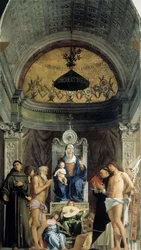Madonna mit Kind, musizierende Engel und die Heiligen Franziskus, Johannes der Täufer, Hiob, Dominikus..., ca. 1487