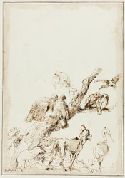 Vögel und Tiere um einen toten Baum