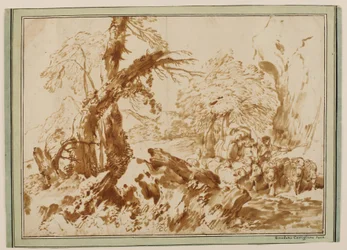 Landschaft mit Schafherde, geführt von einem Hirten, der ein beladenes Maultier führt
