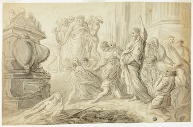 Auferweckung des Lazarus (recto); Reisende mit Wagen vor einem Gasthaus (verso)