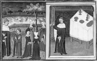Decameron, Alberto aus Bologna beobachtet Margarete beim Tanzen; Alberto erklärt die Natur seiner Liebe anhand des Beispiels des Lauchs. Erster Tag, Geschichte 10