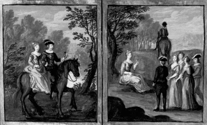 Dekameron, Madame Oretta reitet mit einem Reiter; Oretta steigt vom Pferd. Sechster Tag, Novelle 1