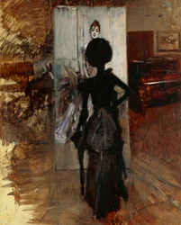 Dame im Atelier des Malers vor weißem Pastell