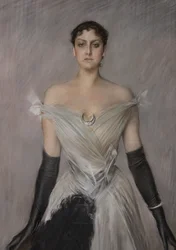 Porträt einer Dame in Weiß mit Handschuhen und Fächer, Detail