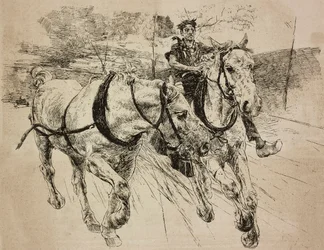 Verstärkung der Kutschpferde, Gravur nach einer Originalzeichnung von Giovanni Boldini, aus seinem Gemälde, aus L