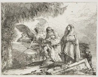 Maria und Joseph, das Kind haltend, werden von einem Engel begleitet, Tafel zwölf aus Die Flucht nach Ägypten