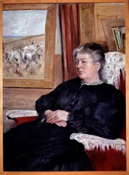 Eine alte Frau in einem Sessel, die ein schwarzes Kleid trägt - Gemälde von Giovanni Fattori