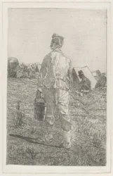 Soldat mit einem Eimer, von hinten gesehen