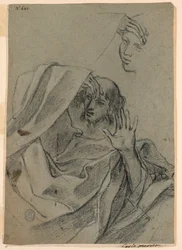 Zeichenstudien mit Frauengesicht und liegendem Mann, und rechte Hand mit Unterarm