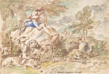 Junger Jäger mit seinen Hunden in einer Landschaft, 1641-1710