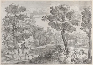 Eine Gruppe von Menschen spielt Karten rechts und ein Mann zu Pferd links, 1626-80
