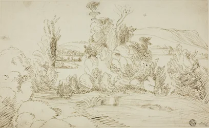 Baumgruppe mit Hügeln in der Ferne
