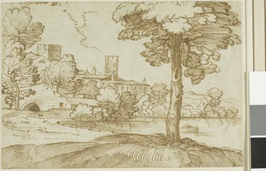 Landschaft mit einem großen Baum rechts und einer fernen Ansicht einer Stadt links