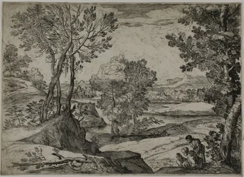 Frau, ihr Kind und ein stehender Mann in einer Landschaft