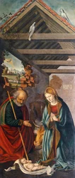 Anbetung des Kindes, zentrales Panel des Triptychons, das die Geburt mit den Heiligen Franziskus und Bartholomäus mit zwei Stiftern darstellt