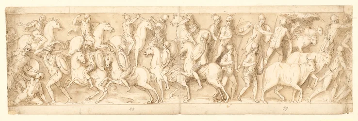 Angriff auf die Deutschen (LXIII); ihre Häuptlinge werden gefangen genommen (teilweise restauriert auf der Säule; LXIV)