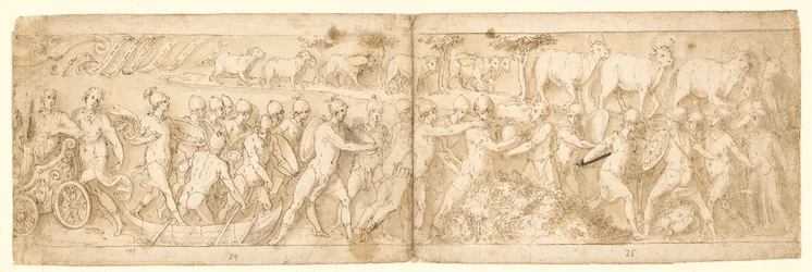 Barbarische Flüchtlinge und ihre Tiere werden aus ihrem Versteck geholt (CXVI); oben links das Ende einer Kartusche mit einer Schriftrolle (Guerra