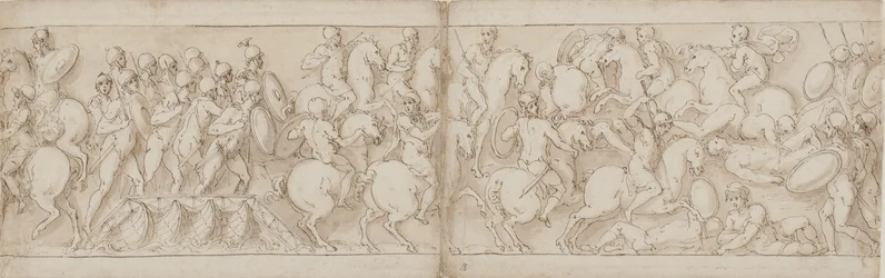 Marcus Aurelius setzt über einen Kai mit Infanterie und Kavallerie (CVIII); die Sarmaten werden von vorrückenden Römern zurückgeschlagen (CIX)