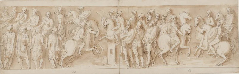 Sarmaten vor dem kaiserlichen Rat (Ende von LXII, Anfang von LXIII); umgeben von Wachen beobachten Marcus Aurelius und Pompeius zu Pferd ein Gefecht (XC); deutsche Adlige bringen eine Nachricht (bis zur Mitte von XCI)