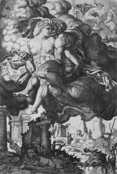 Ixion versucht Juno zu verführen, umgeben von Wolken mit Ruinen darunter, ca. 1520-39