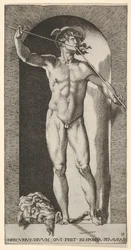 Merkur steht in einer Nische und spielt seine Pfeifen, mit dem abgetrennten Kopf eines alten Mannes, 1526