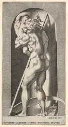 Tafel 1: Saturn in einer Nische, der seinen Sohn verschlingt, vor einer Sense stehend, aus einer Serie von..., 1526