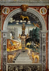 Sternzeichen: „Der Löwe“ Oberes Medaillon mit Porträts der Kaiser Vitellius und Vespasian. Unten, Legende zur Geburt der Konstellation, die dem Zeichen entspricht: die Göttin Artemis von Ephesos. Fresko zugeschrieben Giovanni Mar