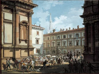 Mailänder Bürger plündern das Haus von Giuseppe Prina zur Zeit des Sturzes von Napoleon I im Jahr 1814 (Öl auf Leinwand)