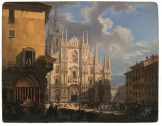 Ansicht der Piazza Duomo mit dem Coperto dei Figini und dem Häuserblock Rebecchino, Mailand