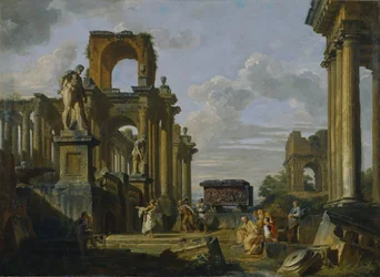 Architektonische Capriccio des römischen Forums mit Philosophen und Soldaten unter antiken Ruinen