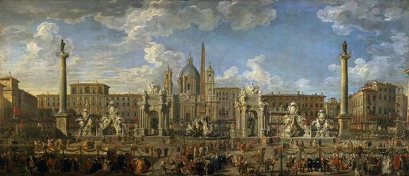 Vorbereitung für das Feuerwerk auf der Piazza Navona, Rom, zur Feier der Geburt des Dauphins, 1729